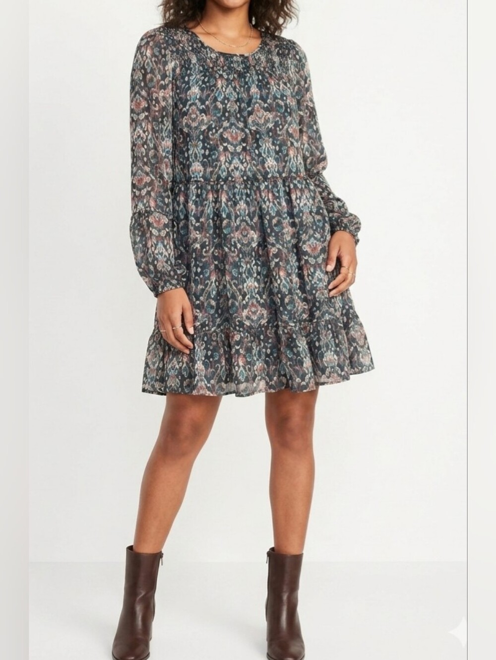 Sabrina Lauren Patterned Black Bohemian Tiered Mini Dress
